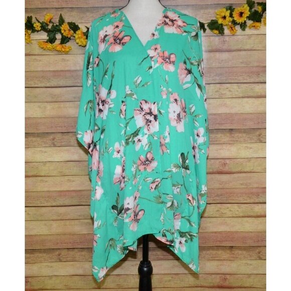 Eleven Oaks Mint Green & Pink Floral Open Front Poncho Cardigan Kimono Ladies M - Picture 2 of 12